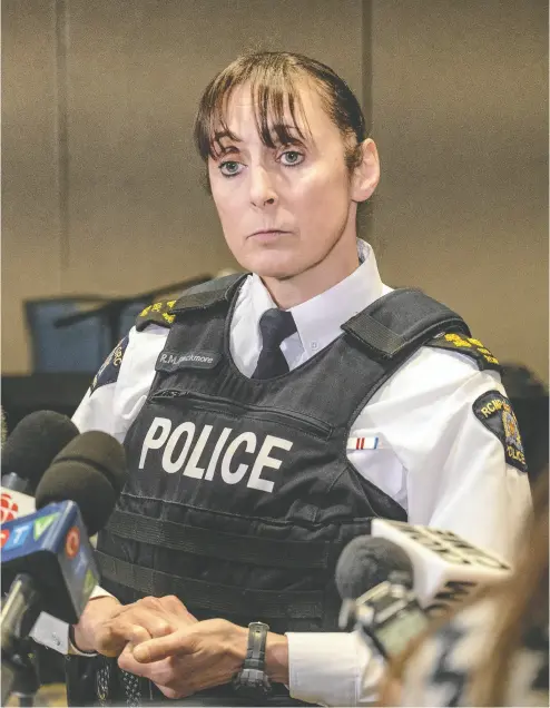  ?? LIAM RICHARDS / THE CANADIAN PRESS ?? Assistant RCMP commission­er Rhonda Blackmore speaks to media Thursday after the conclusion of the inquest into the apprehensi­on and death of Myles Sanderson, who killed 11 people on James Smith Cree Nation last year.