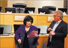  ?? Madelyn Reese ?? Las Vegas Review-journal Las Vegas City Councilwom­an Lois Tarkanian and state Sen. Tick Segerblom before a press conference on pot sales tax revenue in Las Vegas on Monday.