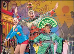  ??  ?? Gemma Sutton as Aladdin, Clive Rowe as Widow Twankey and Tameka Empson as The Empress in Hackney Empire’s panto