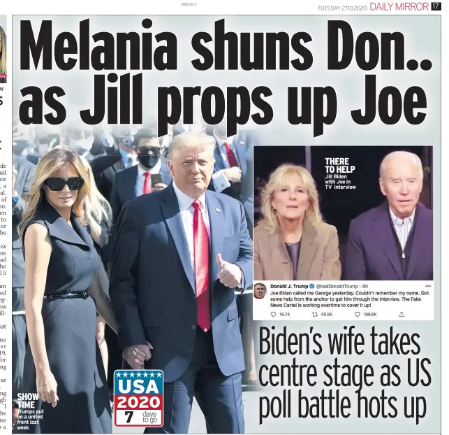  ??  ?? SHOW TIME Trumps put on a united front last week
THERE TO HELP Jill Biden with Joe in TV interview