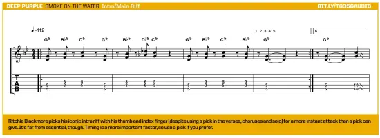  ?? ?? Ritchie Blackmore picks his iconic intro riff with his thumb and index finger (despite using a pick in the verses, choruses and solo) for a more instant attack than a pick can give. It’s far from essential, though. Timing is a more important factor, so use a pick if you prefer.