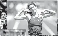  ?? LUIS SÁNCHEZ SATURNO/NEW MEXICAN FILE PHOTO ?? TOP RIGHT: Academy for Technology and the Classics’ Charli Koseoglu celebrates after winning the 100-meter race earlier this month at the state track meet at the University of New Mexico.