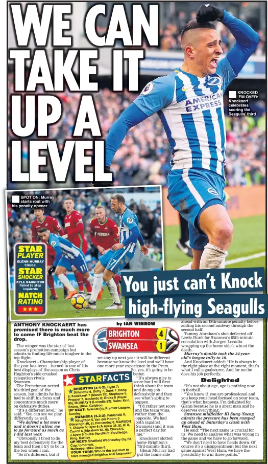  ??  ?? SPOT ON: Murray starts rout with his penalty opener KNOCKED ’EM OVER: Knockaert celebrates scoring the Seagulls’ third