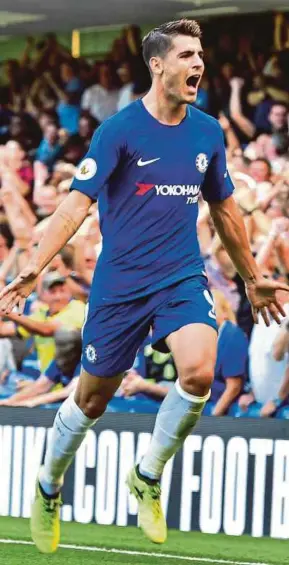  ?? AFP PIC ?? Chelsea’s Alvaro Morata celebrates his goal against Everton at Stamford Bridge yesterday.