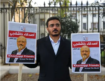  ??  ?? A PROTESTER rails against the killing of journalist Jamal Khashoggi, outside the Saudi Arabian Embassy in London on October 26.