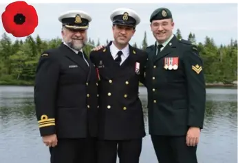  ??  ?? Lt.-Cmdr. Alain Blondin, left, with sons Petty Officer 2nd Class Ryan Walter Blondin and Master Cpl. Yvan Blondin.