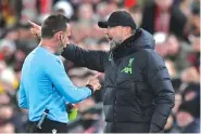  ?? ?? Jurgen Klopp was involved in an angry exchange of words with referee Artur Dias in Liverpool’s win over Sparta Prague