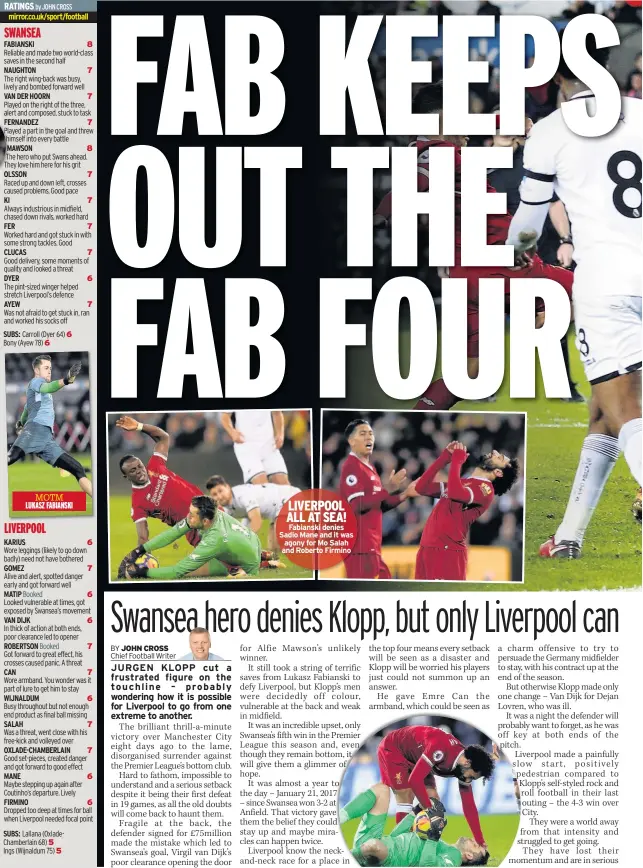  ??  ?? LIVERPOOL ALL AT SEA! Fabianski denies Sadio Mane and it was agony for Mo Salah and Roberto Firmino