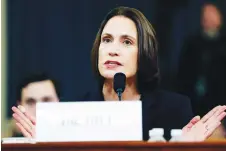  ?? Associated Press ?? In this Nov. 21, 2019, file photo, former White House national security aide Fiona Hill, testifies before the House Intelligen­ce Committee on Capitol Hill in Washington.