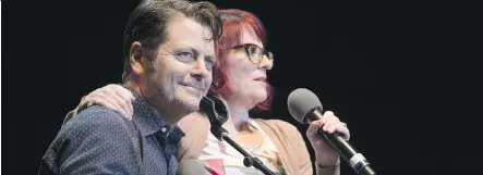  ?? MICHAEL BUCKNER/ GETTY IMAGES ?? Comedy couple Nick Offerman and Megan Mullally in the Summer of 69: No Apostrophe tour in Los Angeles in May.