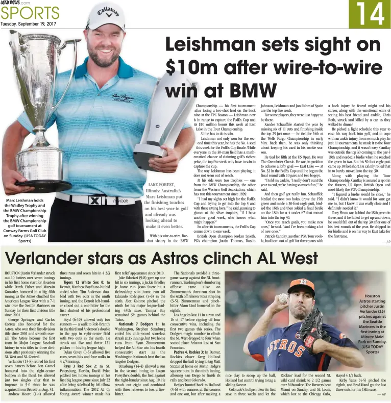  ??  ?? Marc Leishman holds the Wadley Trophy and the BMW Championsh­ip Trophy after winning the BMW Championsh­ip golf tournament at Conway Farms Golf Club on Sunday. (USA TODAY Sports) Houston Astros starting pitcher Justin Verlander (35) pitches against the...