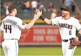  ?? MICHAEL CHOW/THE REPUBLIC ?? Diamondbac­ks first baseman Paul Goldschmid­t and left fielder David Peralta celebrate their 6-0 win over the Padres on Tuesday.