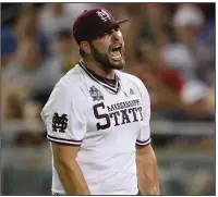  ?? (AP/Rebecca S. Gratz) ?? Mississipp­i State pitcher Preston Johnson reacts after a strikeout during the Bulldogs’ victory over Vanderbilt on Tuesday night in Game 2 of the College World Series finals at Omaha, Neb. Tonight’s series finale will determine the national champion.