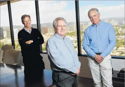  ?? Christina House For The Times ?? PETER NOLAN, left, is senior advisor and Jonathan Sokoloff and John Danhakl are managing partners of Leonard Green &amp; Partners, a West L.A. private equity firm. All three worked at Michael Milken’s firm, Drexel Burnham Lambert, in the late 1980s.