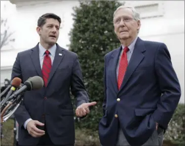  ?? AP FILE PHOTO ?? In this Feb. 27, 2017 file photo, House Speaker Paul Ryan of Wis., and Senate Majority Leader Mitch McConnell of Ky. meet with reporters outside the White House in Washington. Congress is still trying to send President Donald Trump his first...