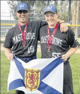  ??  ?? Coach Chris Hopewell, left and son Jake Hopewell celebrate in Saskatoon after winning the Canadian fastpitch championsh­ip.