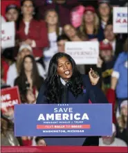  ?? JUNFU HAN — DETROIT FREE PRESS VIA AP, FILE ?? Kristina Karamo, Republican candidate for Michigan Secretary of State, speaks at a rally at the Michigan Stars Sports Center in Washington Township, Mich., Saturday, April 2, 2022.