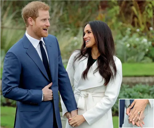  ?? (foto Ap, Reuters) ?? Kensington Palace Harry, 33 anni, e Meghan, 36, ieri durante l’annuncio del fidanzamen­to. Tre diamanti per l’anello: due erano di Diana, uno viene dal Botswana