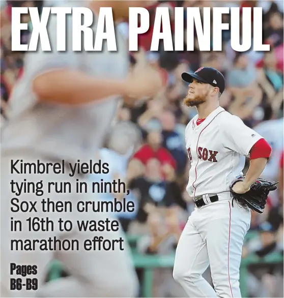  ?? STAFF PHOTO BY JOHN WILCOX ?? CASE NOT CLOSED: Craig Kimbrel looks away as Yankees slugger Matt Holliday starts to run around the bases on his game-tying solo home run in the ninth inning yesterday at Fenway Park. The Red Sox went on to lose, 4-1, in 16 innings — with a...