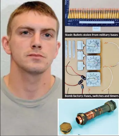  ??  ?? Betrayal: Police photo of Ciaran Maxwell Stash: Bullets stolen from military bases Bomb factory: Fuses, switches and timers Lethal: One of Maxwell’s pipe bombs