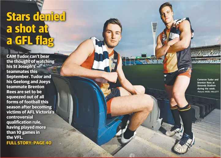  ?? Picture: NIGEL HALLETT ?? Cameron Tudor and Brenton Rees at Simonds Stadium during the week.