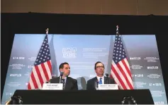  ??  ?? US Secretary of the Treasury Steven Mnuchin holds a news conference after the G7 Finance Ministers Summit in Whistler, British Columbia, Canada. Mnuchin says US wants trade talks in Beijing to result in structural changes to China’s economy, in...