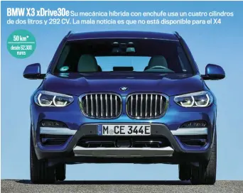  ??  ?? BMW X3 xDrive30e
Su mecánica híbrida con enchufe usa un cuatro cilindros de dos litros y 292 CV. La mala noticia es que no está disponible para el X4 50 km* desde 62.300 euros