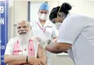  ??  ?? PM taking his first dose of Covaxin at Delhi AIIMS; Vice President Venkaiah Naidu being inoculated at the Omandurar Government Medical College in Chennai on Monday