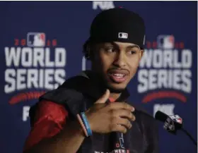  ?? GENE J. PUSKAR — THE ASSOCIATED PRESS ?? Indians shortstop Francisco Lindor talks during a news conference before Game 2 of the World Series against the Chicago Cubs on Oct. 26.