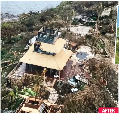  ??  ?? Devastatio­n: Sir Richard Branson examines the damage caused by the hurricane on his island, top. Above, one of the guest houses after the hurricane hit and beforehand AFTER