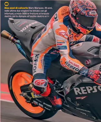  ?? ?? Due anni di calvario Marc Marquez, 29 anni, nelle ultime due stagioni ha lottato con gli infortuni, a inizio 2020 la frattura al braccio destro, poi la diplopia all’occhio destro GETTY