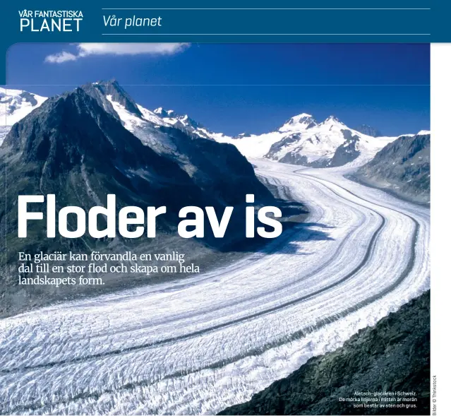  ??  ?? Aletsch-glaciären i Schweiz. De mörka linjerna i mitten är morän
som består av sten och grus.