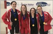  ?? ANDREW HELLER - READING EAGLE ?? Wilson’s winning 200medley relay team of, from left, Emma Dougherty, Madalee Roberts, Lexi Stambaugh and Olivia Vecchio wins gold at the District 3Class 3A championsh­ips.