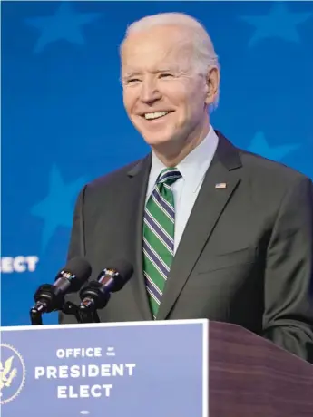  ?? MATT SLOCUM/AP ?? President-elect Joe Biden speaks at The Queen theater on Saturday in Wilmington, Delaware.