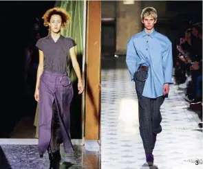  ??  ?? 1. Défilé printemps-été 1996. 2. Défilé automne-hiver 2001-2002.
3. A gauche, la boucle Maison Martin Margiela (printemps-été 1999) à laquelle Vetements rend hommage (à d.) dans son défilé automne-hiver 2016-2017. 3