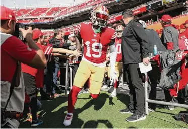  ?? Scott Strazzante/The Chronicle ?? 49ers wide receiver Deebo Samuel took exception to comments from former teammate Raheem Mostert.