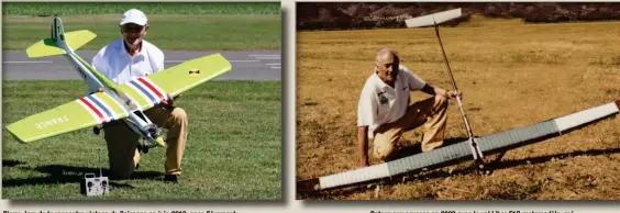  ??  ?? Pierre, lors de la rencontre vintage de Soissons en juin 2019, pose fièrement avec un Styx et un émetteur Radio-Pilote. Un avion reconstrui­t par Patrick Coly, au décor d’origine, souvenirs émus…
Retour aux sources en 2009 avec le vol Libre F1C motomodèle, qui permettra à Pierre de renouer avec la joie de monter sur les marches d’un podium. La boucle est bouclée !