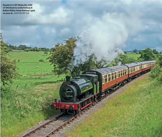  ?? ?? Hunslet 0-6-0ST Works No. 2705 of 1945 Beatrice at the Embsay & Bolton Abbey Steam Railway's gala on June 26. MARTYN TATTAM