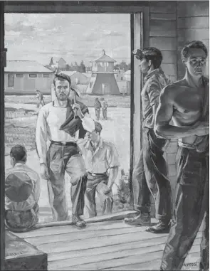  ?? C OURTESY OF THE CANADIAN WAR MUSEUM ?? Prisoner of War depicts a view of Camp Petawawa from inside an Italian internee’s hut. It was painted by Vincenzo Poggi, a Montrealer detained in Petawawa, Ont., from June 1940 to January 1941, and from January to July 1942, when he was transferre­d to...