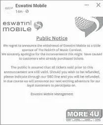  ?? (Courtesy pics) ?? The statement which was issues by Eswatini Mobile.