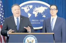  ??  ?? Mike Pompeo (izq.) anunció que se otorgó una exención temporal a ocho países para que puedan seguir comprando petróleo al país persa.