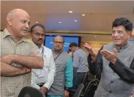  ?? — PTI ?? Union finance minister Piyush Goyal and deputy chief minister Manish Sisodia at the 28th meeting of the Goods and Services Tax Council at Vigyan Bhavan in New Delhi on Saturday.