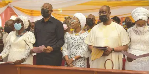  ??  ?? Daughter of the deceased, Mrs. Erekpitan Ola- Adisa ( left); son, Aigboje Aig- Imoukhuede; daughter- in- law, Mrs. Ofovwe Aig- Imoukhuede; son- inlaw, Bolaji Balogun and daughter, Mrs. Kemi Balogun at the service of songs for the late Pastor Emily Aig- Imoukhuede in Sabongidda- Ora, Edo State… yesterday.