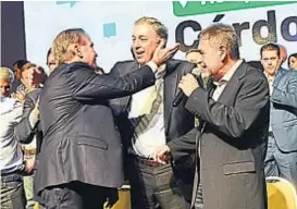  ?? (JAVIER FERREYRA / ARCHIVO) ?? PJ Federal. Pichetto, Rodolfo Urtubey y Caserio, en abril, en un acto en Córdoba. Urtubey sería el único que votaría en contra.