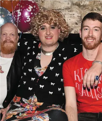  ??  ?? Yours, Kathleen O’Meara People of the Year Awards Rehab Group Roslyn Park Sandymount Dublin 4 Tel: 01 2057 397 Tremann Cornish, Peter Nugent and Jamie Cunningham at the Drogheda LGBTQ 3rd anniversar­y fancy dress party in Hops bar at The D hotel.