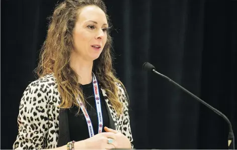  ?? PHOTOS: BRANDON HARDER ?? Adelle Stewart, director of operations for Bridges Health, speaks to a crowd attending a workshop on mental health as part of Agribition on Tuesday. She says working in the agricultur­e industry comes with its own set of unique challenges.