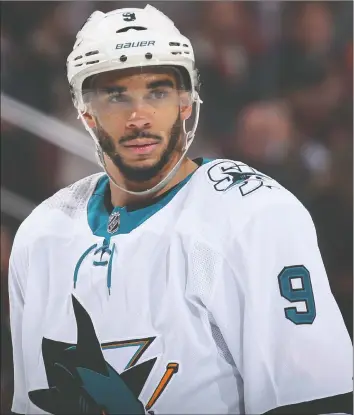  ?? CHRISTIAN PETERSEN/GETTY IMAGES ?? A group of hockey players have formed the Hockey Diversity Alliance in an effort to combat racism in the game. The group announced its formation in a statement released yesterday. San Jose Sharks forward Evander Kane (pictured) and former NHL player Akim Aliu were named co-heads of the group.