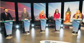  ??  ?? SDLP chief Colum Eastwood, Ulster Unionist leader Steve Aiken, Sinn Fein’s Michelle O’Neill, Emma Little-Pengelly of DUP and Alliance leader Naomi Long at the TV debate