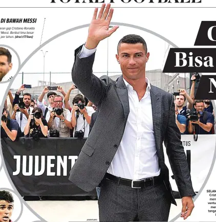  ?? JUVENTUSFC ?? SELAMAT DATANG: Cristiano Ronaldo menyapa fans Juventus yang sudah menunggu kedatangan­nya di Turin kemarin pagi.