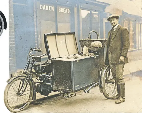  ?? ?? Few smells compare to that of freshly baked bread – and that must certainly have been the case whenever the lid of this immaculate delivery sidecar, seen outside the premises of Daren Bread, was opened.